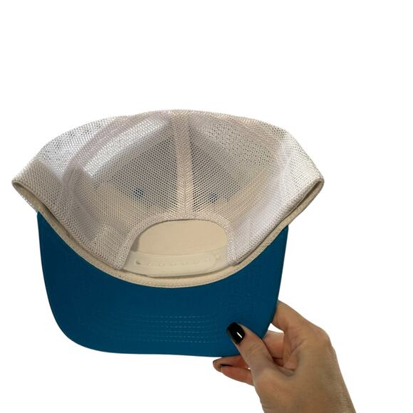 Y2K Live Fish or Die Blue White Trucker Hat Brown Leather Patch Adjustable New - Picture 5 of 5